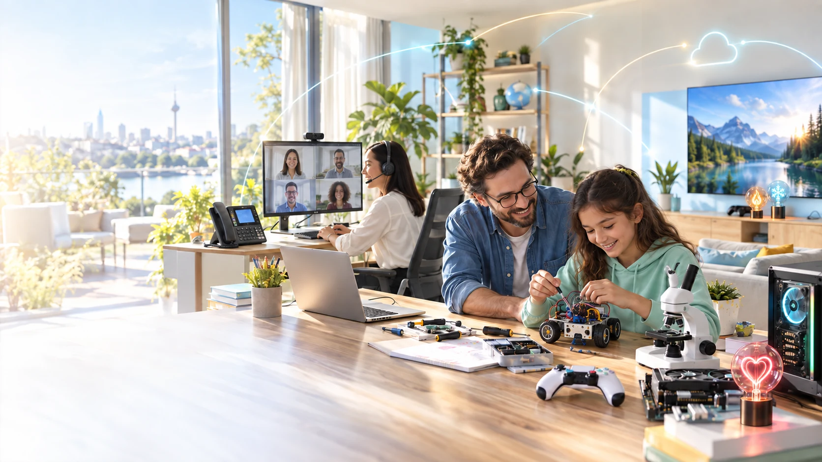 Menschen nutzen gemeinsam Technologie für Office, Bildung, Zuhause und besondere Lichtideen